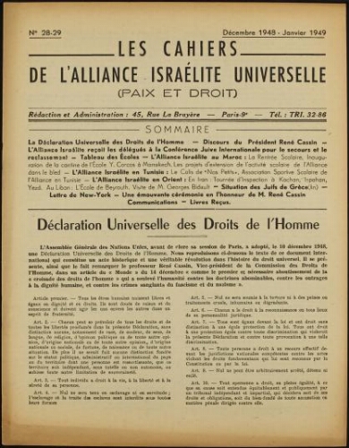 Les Cahiers de l'Alliance Israélite Universelle (Paix et Droit).  N°28-29 (01 déc. 1948)